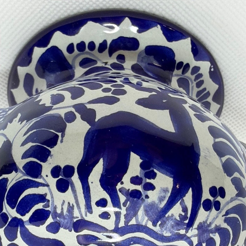 Mexican Talavera Pottery Blue White Hand Painted Floral Animal Vase Signed ANSAR